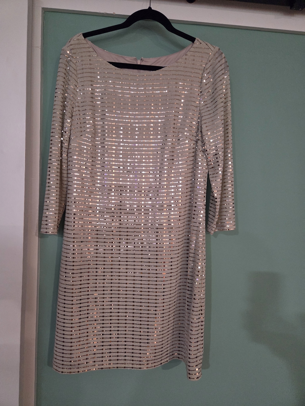 Long Sleeve Sequin Shift Dress in Champagne